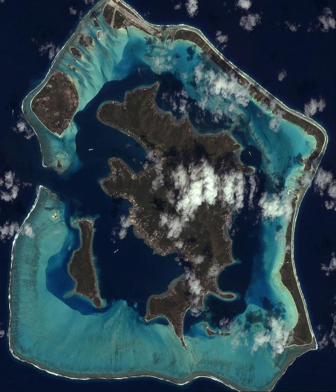 Satellite image of Bora Bora. The secluded island is on people's travel bucket list.