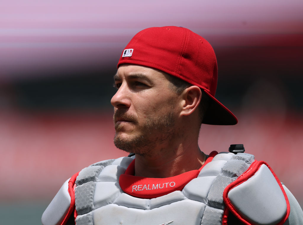 ANAHEIM, CALIFORNIA - MAY 01: J.T. Realmuto #10 of the Philadelphia Phillies before the game against the Los Angeles Angels at Angel Stadium of Anaheim on May 01, 2024 in Anaheim, California.