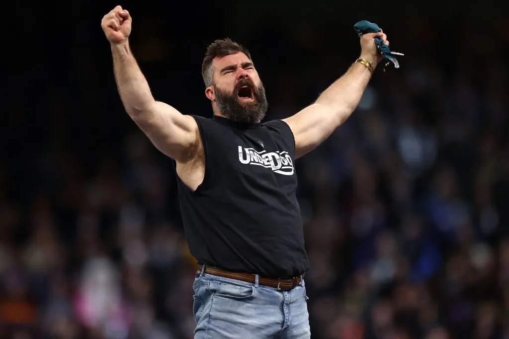 Former NFL player Jason Kelce reacts following a match during Night One of WrestleMania 40 at Lincoln Financial Field 