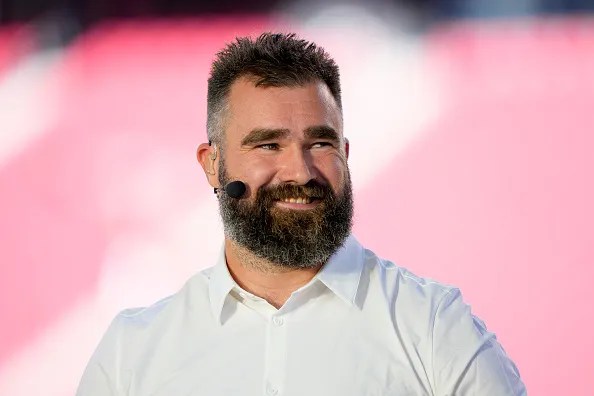 Jason Kelce, ESPN analyst, looks on before the New York Jets play the San Francisco 49ers. He will provide the music for the Hallmark movie his mom Donna Kelce will be in. 