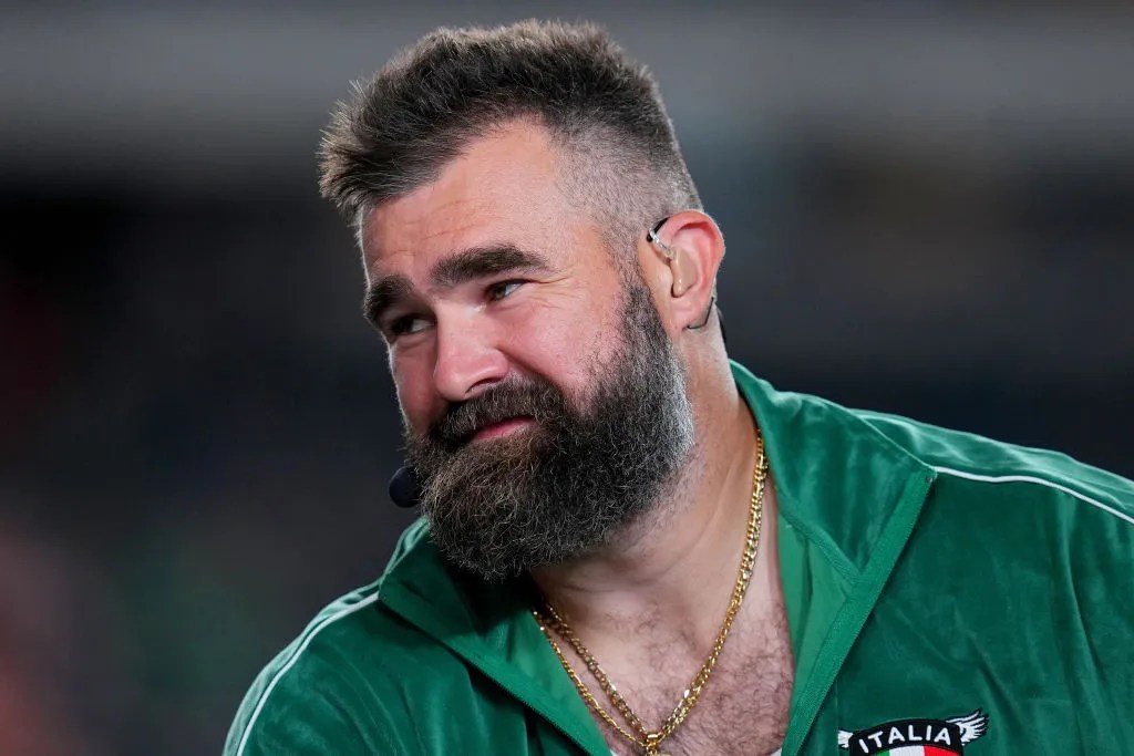 ESPN analyst Jason Kelce looks on prior to the game between the Atlanta Falcons and the Philadelphia Eagles 