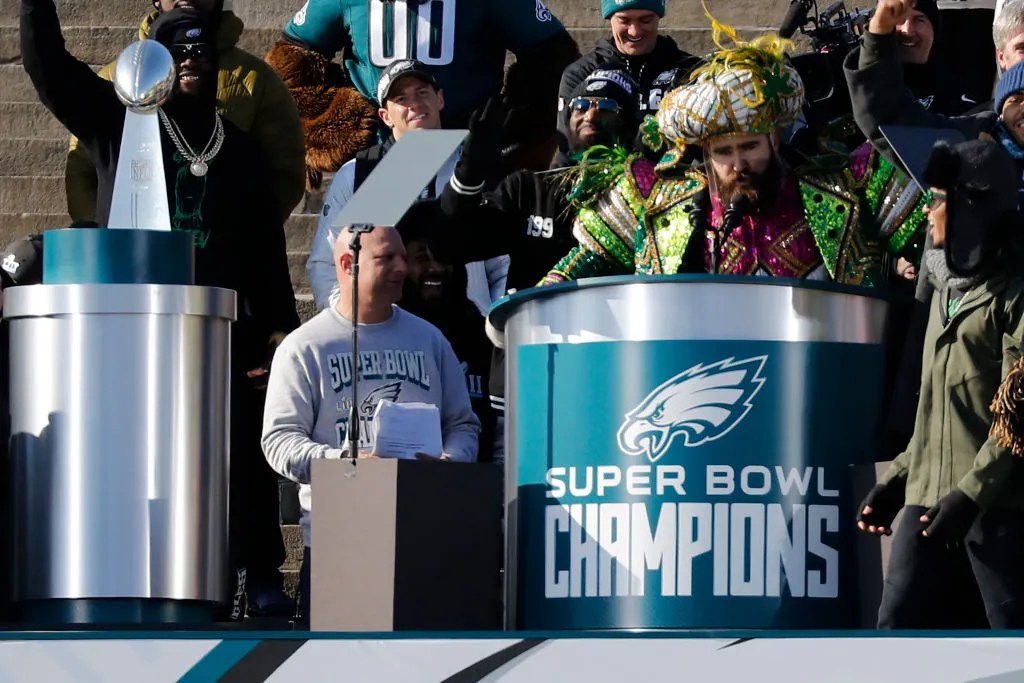 Center Jason Kelce speaks at a ceremony honoring the Philadelphia Eagles Super Bowl win 